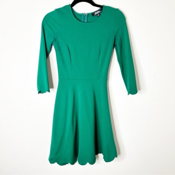 LULU's Cumulonimbus Clouds Magenta Skater Dress Green Ponte Scalloped hem XS - Picture 2 of 16